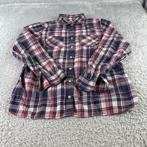 LL Bean Plaid Flannel Shirt Womens Medium Pink Navy Blue Long Sleeve Button Up